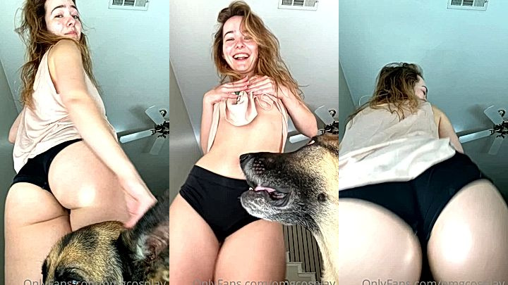 OMGCosplay shows off her amazing body to her subscribers while her dog is watching